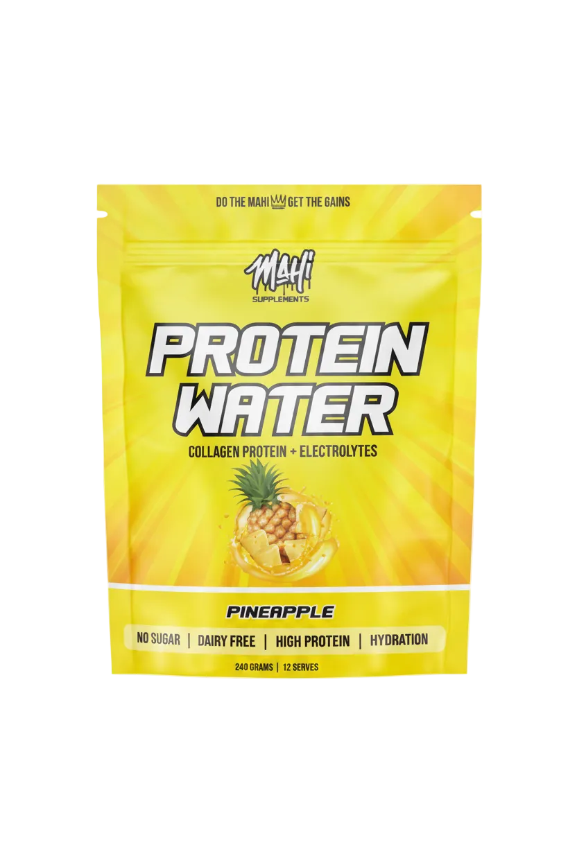 A packet of Mahi Protein Water in pineapple flavor, highlighting its features such as being high in protein, dairy-free, and having electrolytes.
